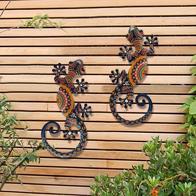 LIFFY Metal Lizard Gecko Wall Art - 2 Pack 15 Inch Metal Wall Decor, Lizard Outdoor Hanging Glass Sculpture Decoration for Yard Garden Art, Patio Fence Home, Unique Gift Ideas