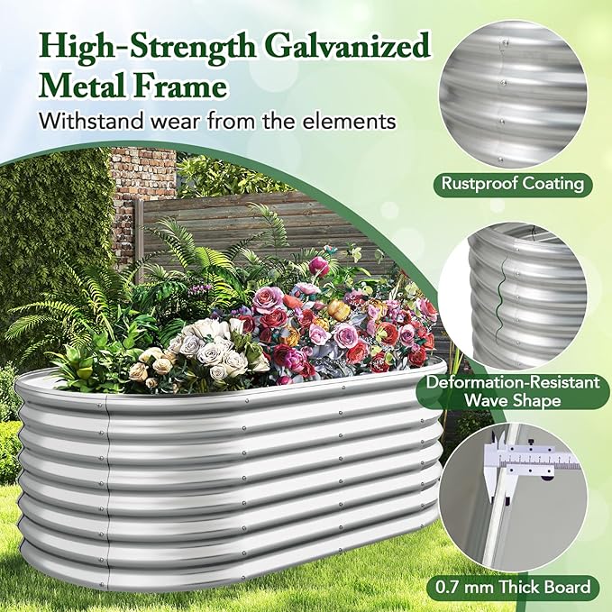 Giantex 5x3x2ft Raised Garden Bed, Large Metal Elevated Oval Planter Bed, 193 Gallon Capacity, Outdoor Planting Garden Box for Vegetable Flower Herb Grow (Silver)