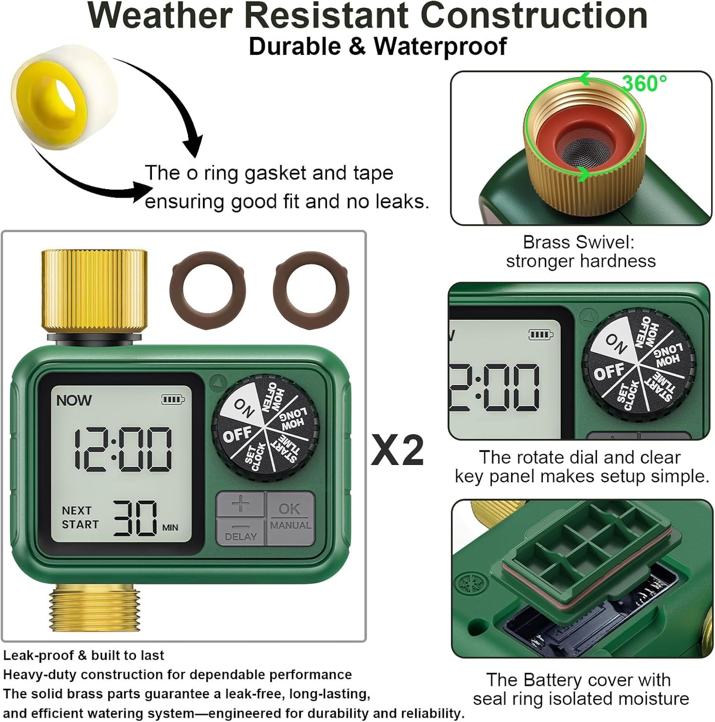 2 PCS Sprinkler Timers Brass, Programmable Water Timer with Rain Delay, Manual& Automatic Watering System for Garden Hose Faucet, Waterproof Irrigation Controller Watering Lawn Evenly& Efficiently