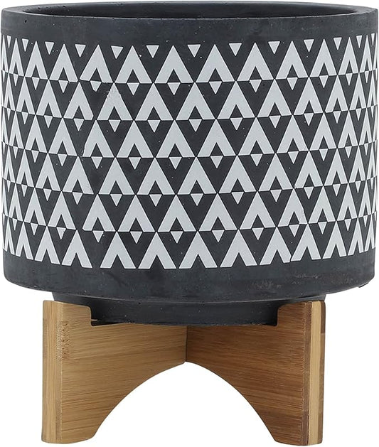 Sagebook Home 9" H 8" Diameter Dark Gray and Ivory Aztec Design Ceramic Planter with Solid Rubberwood Stand for Living Room, Bedroom, or Office