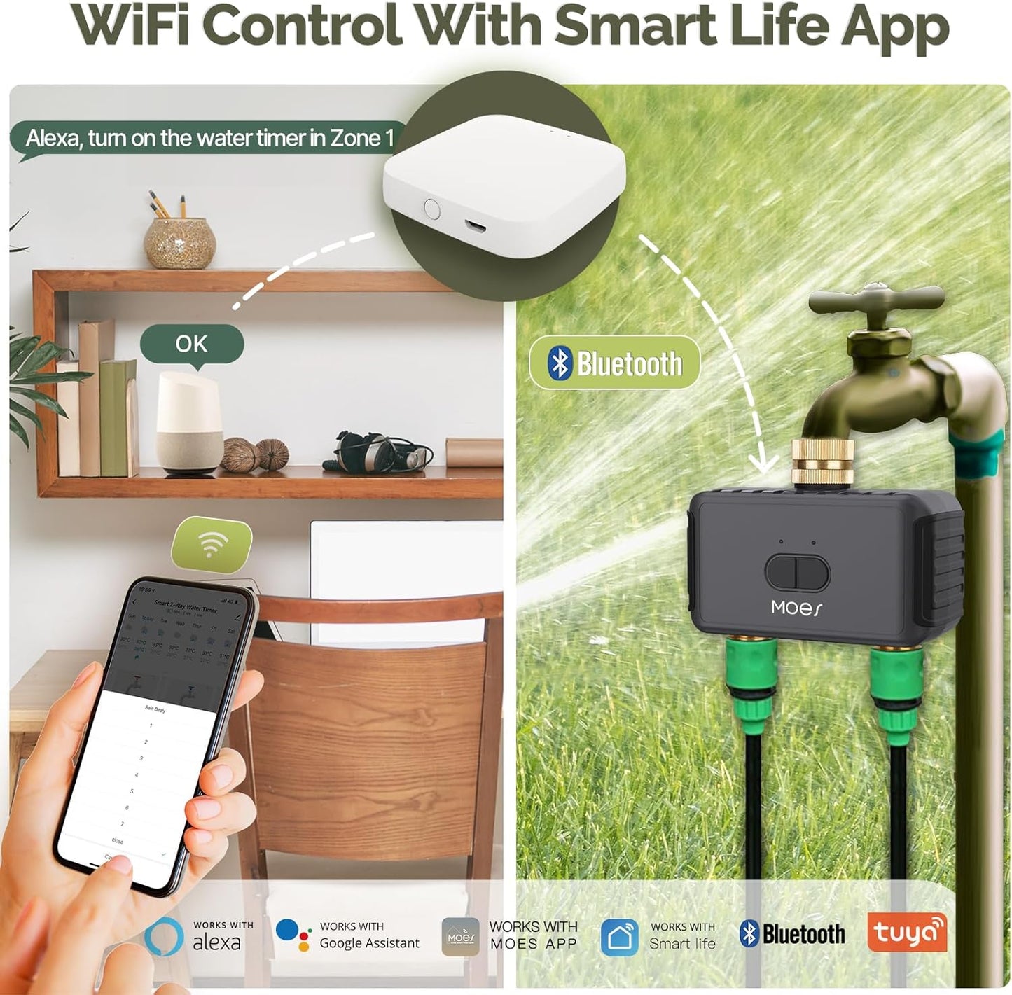MOES WiFi Sprinkler Timer 2 Zone with Brass Inlet & Outlet, Water Timer for Garden Hose Faucet, Programmable Watering Irrigation 2 Outlet, Smart Watering System for Lawns and Yard Work with Alexa