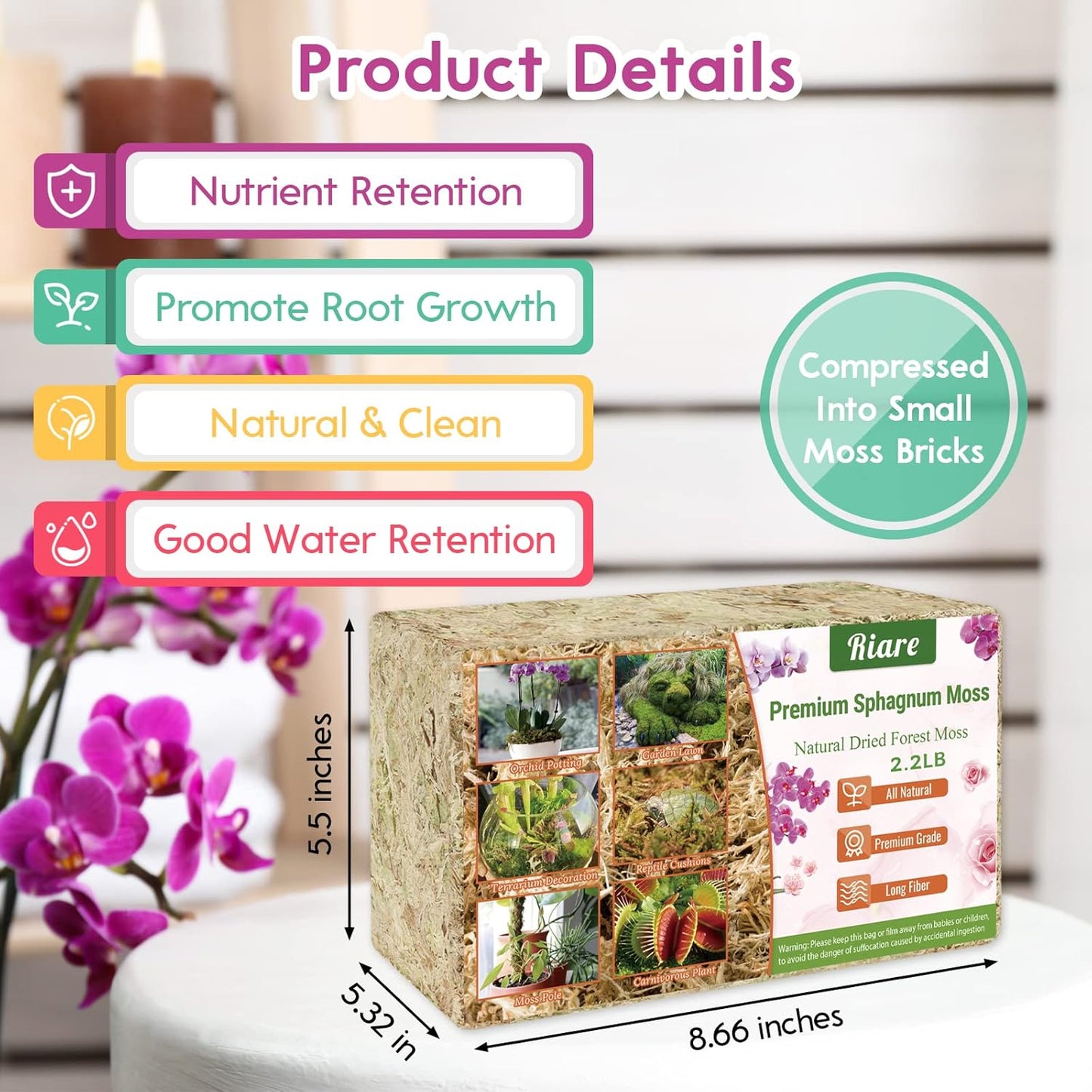 Riare 2.2 LB Premium Sphagnum Moss for Plants- 40QT Natural Long Fibered Sphagnum Peat Moss Plants Moss Dried, Carnivorous Plants Moss Orchid Potting Mix for Orchids, Carnivorous Plants, Succulent