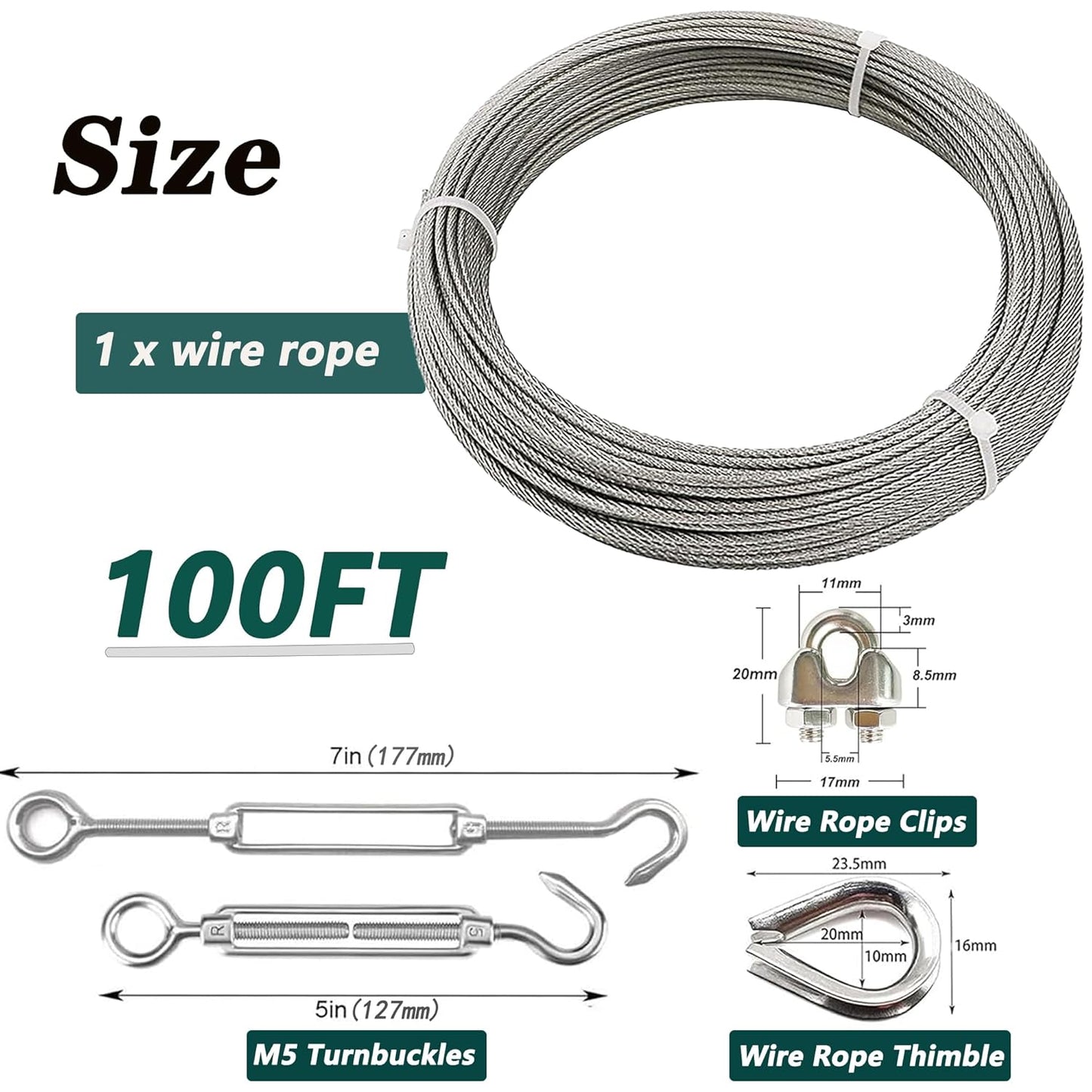 1/8 Inch Stainless Steel Wire Rope Cable Kit,100 ft Length 1/8“ Wire Cable 7x7 Strands with Sleeves, Thimbles, Clips, for Climbing Plants, Deck Railing, Fencing, Outdoor Hanging