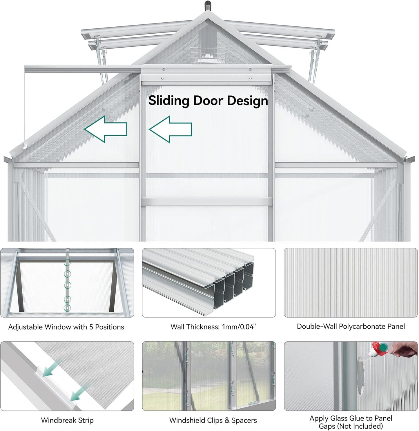 YITAHOME 12x6FT Polycarbonate Greenhouse Large Heavy Duty Green Houses Outdoor Aluminum Greenhouses with Sliding Doors Vent Window Walk-in Greenhouse for Garden Backyard, Silver