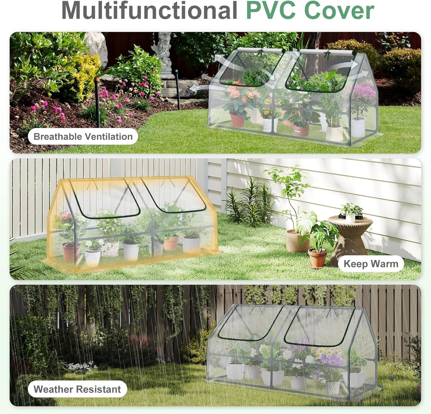 Aoodor 4 x 2 x 2 ft Mini Greenhouse with 2 Zipper Doors, Water Resistant, UV Protected for Flowers, Vegetables and Herbs, Transparent
