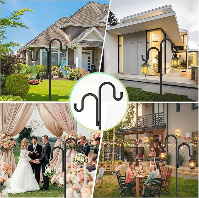 Double Shepherds Hooks for Outdoor, Bird Feeder Pole with 5 Prongs Base, Heavy Duty Garden Hook for Lantern, Wind Chime and Hummingbird Feeder, 45 Inch, 2 Pack