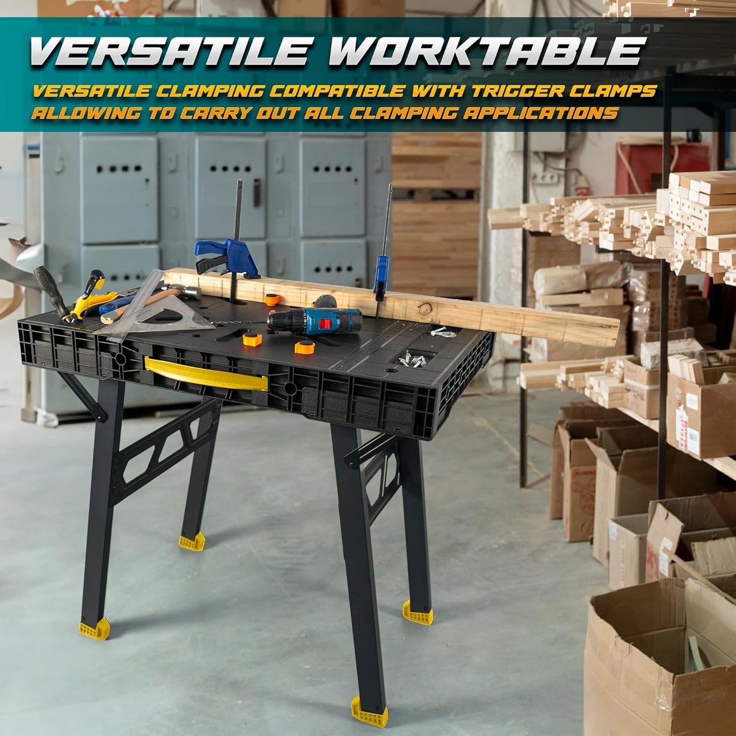 Foldable Work Bench,Easy Step Protable Work Table,34" W x 25" D x 31" H Lightweight Workbench wih 1650 LBS,Work Benches for Garage,Work Bench Suitable for Garage,Workshop and Home (Yellow)