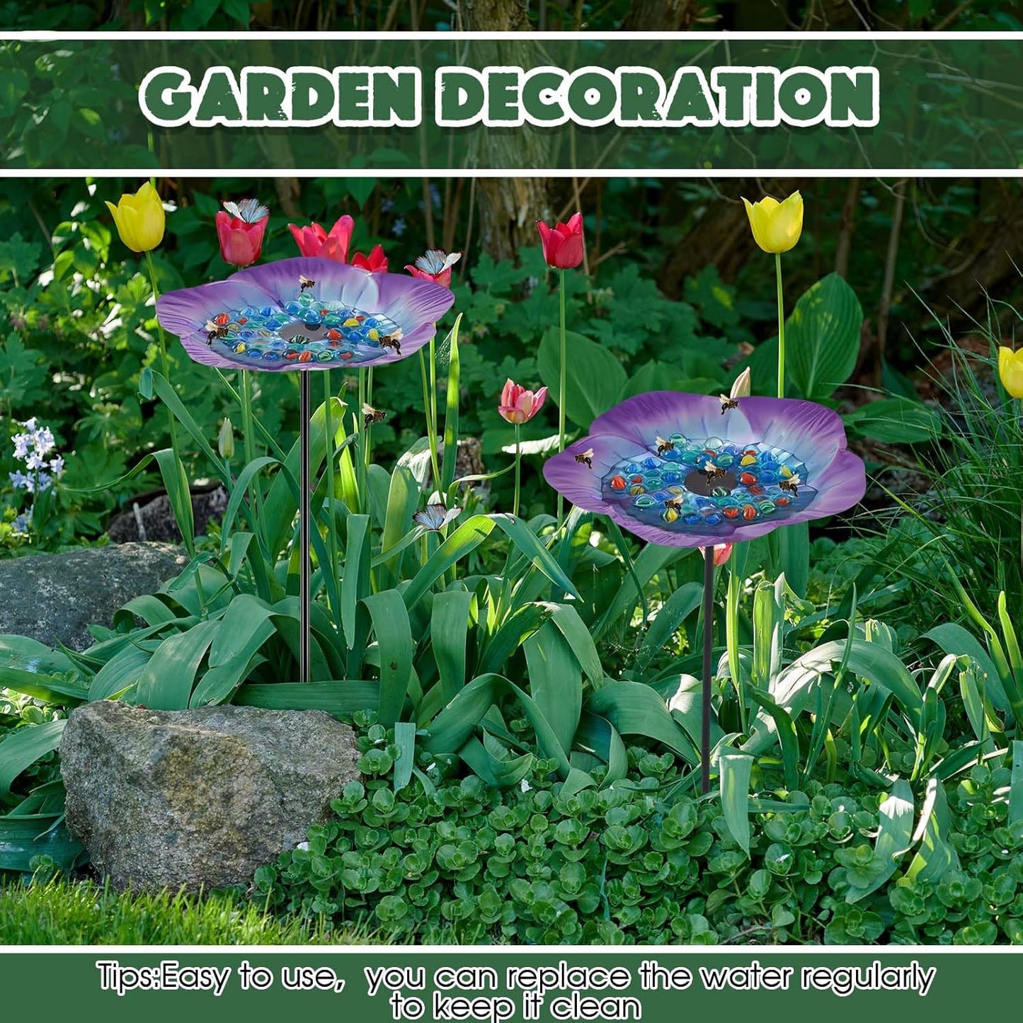 Tandefio Vivid Flower Bee Watering Station Metal Butterfly Water Feeder Cup with 30 Colorful Glass Marbles Bee Feeder Butterfly Bath Bowl for Garden Outdoor Yard Decors(Blue Purple,Flower)