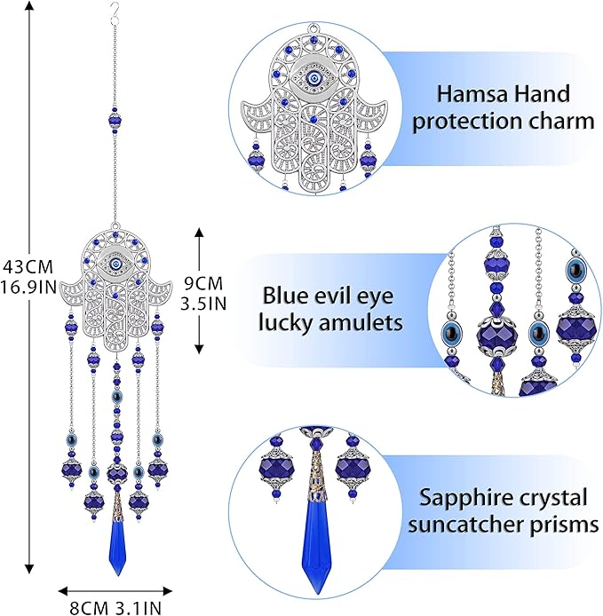 Crystal Prism Suncatcher Ornament with Hamsa Fatima Hand Protection Charm Turkish Greek Blue Evil Eye Sapphire Crystals Beads for Window Hanging Decoration
