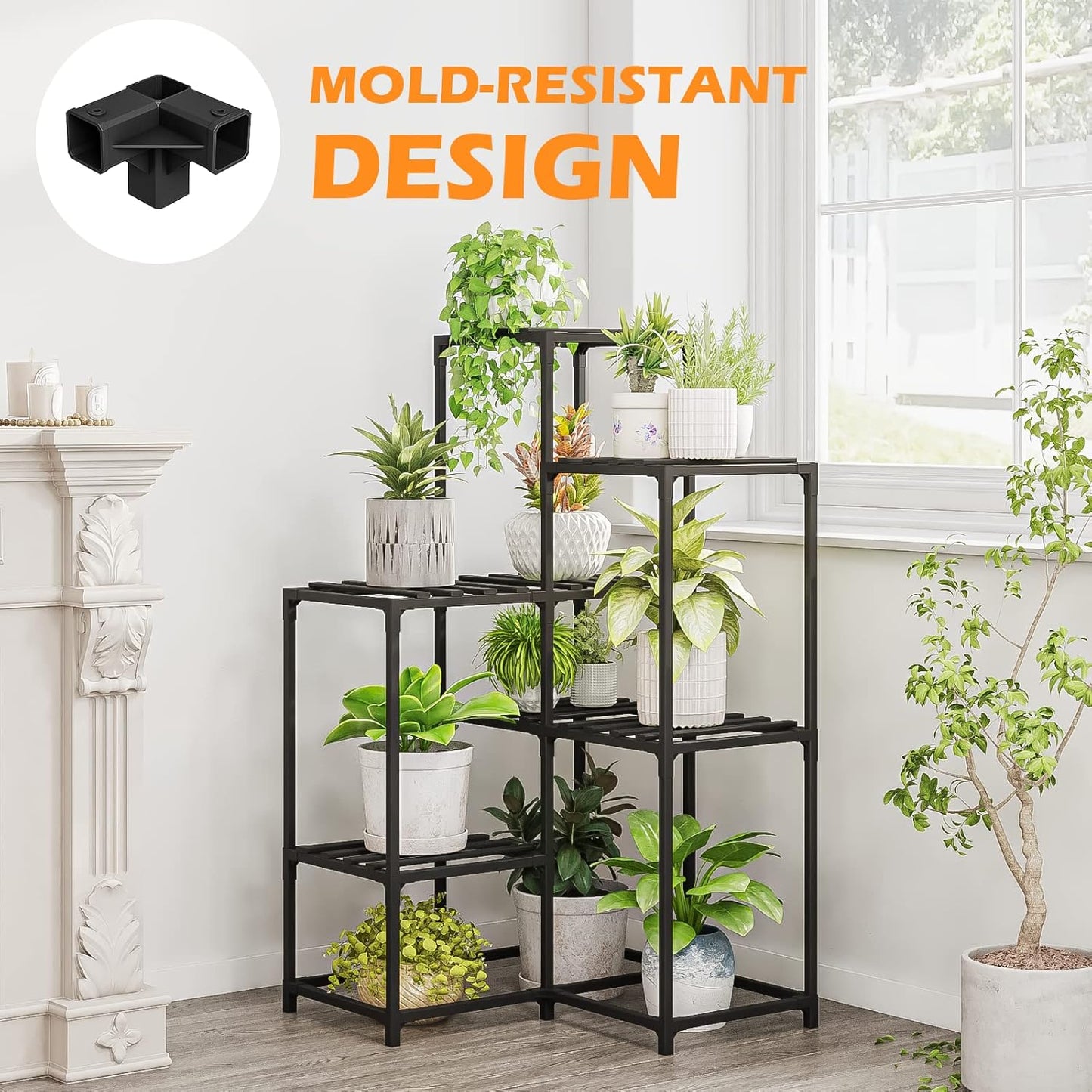 Bamworld Outdoor Black Corner Plant Shelf/Holder - 7-Tier Stands for Multiple Plants - Patio, Balcony, Garden