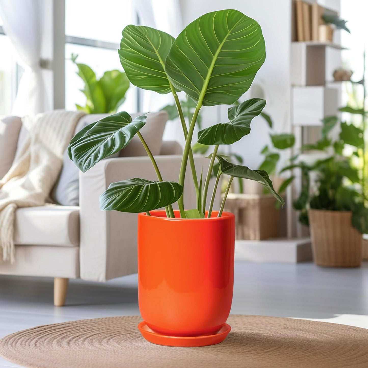 Ceramic Planter - 8 Inch Plant Pot with Drainage Hole and Saucer, Cylinder Round Modern Flower Pot for Indoor Outdoor Plants, Plant Lover Gifts, Garden Office Home Decor, Orange