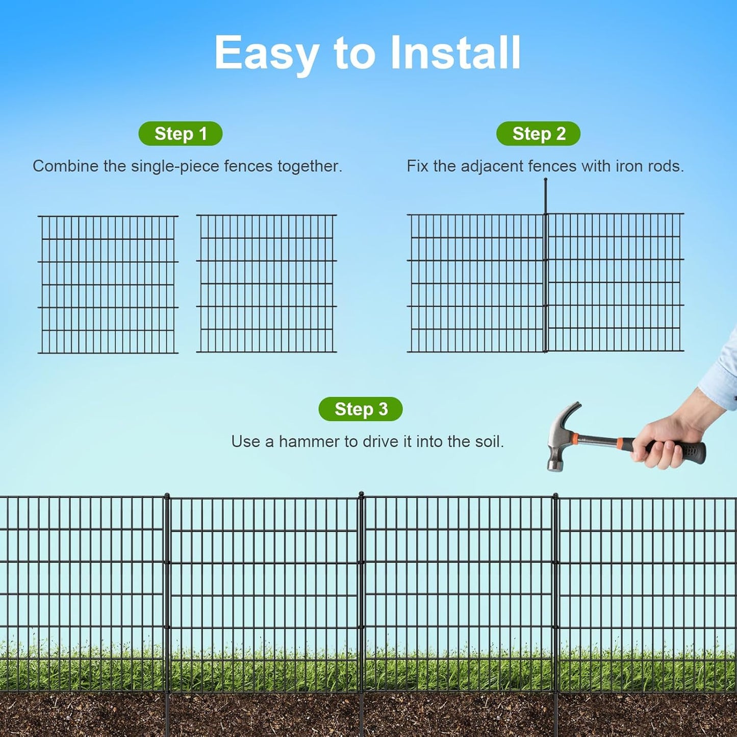 Land Guard 20 Panels No Dig Decorative Garden Fence with Gate for Yard, 30 in(H) x 50 ft(L) Removable Dog Fence Outdoor for Yard, Rustproof Metal Animal Barrier Ground Stakes