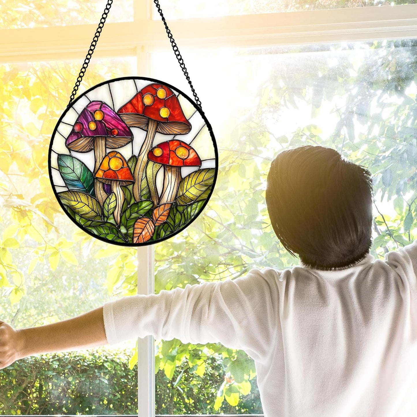 Stained Glass Window Hanging, Mushroom Leaves Suncatcher for Doors Home Sun Catchers Decoration and Christmas, Mother's Day Birthday Gifts for Women, Men, and Mom 9.8 in