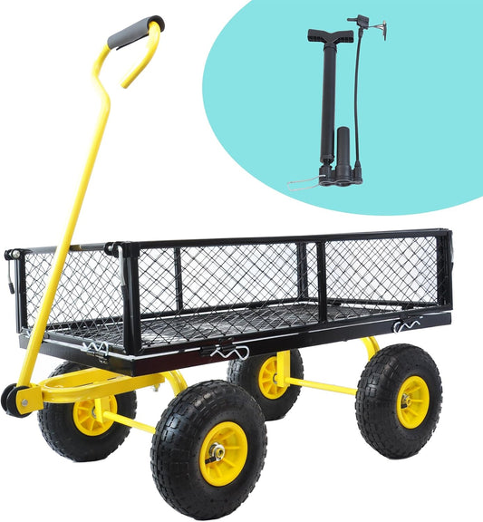Wagon Removable Sides - Farm, Warehouse, Yard Dump Cart - Yellow+Black Air Wheels
