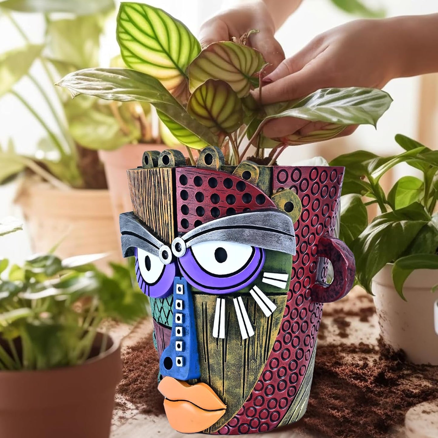 Bohemian Face Planter Pots for Plants,Hand-Painted Colorful Flower Pots with Drainage, Indoor Outdoor Garden Decor Gift(Classic,Large)