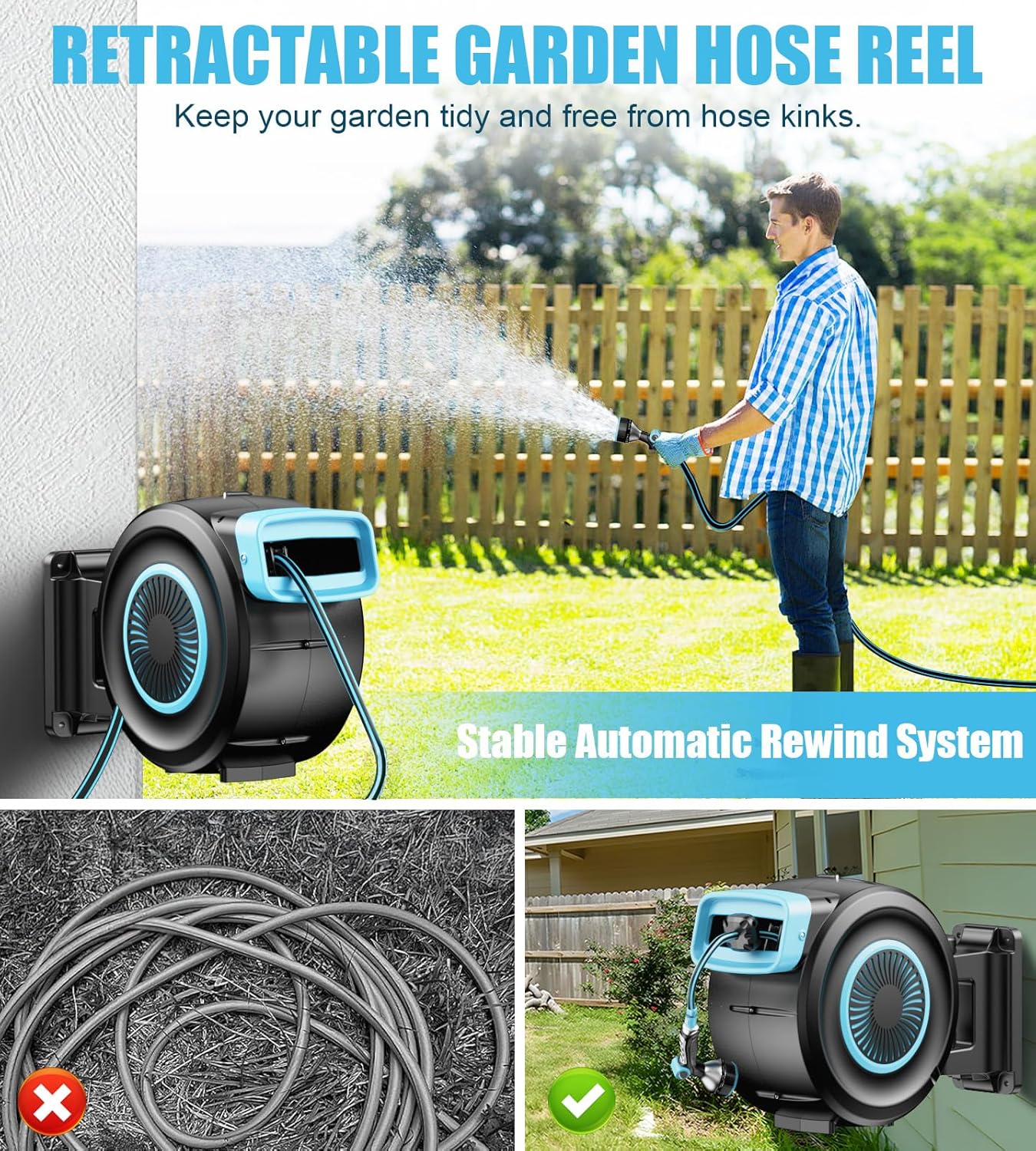 Retractable Garden Hose Reel, 100FT Portable Garden Hose with Reel, Hose Reel Wall Mount with 9-Pattern Nozzle, Automatic Rewind System, 180° Swivel Bracket, Any Length Lock (100FT)