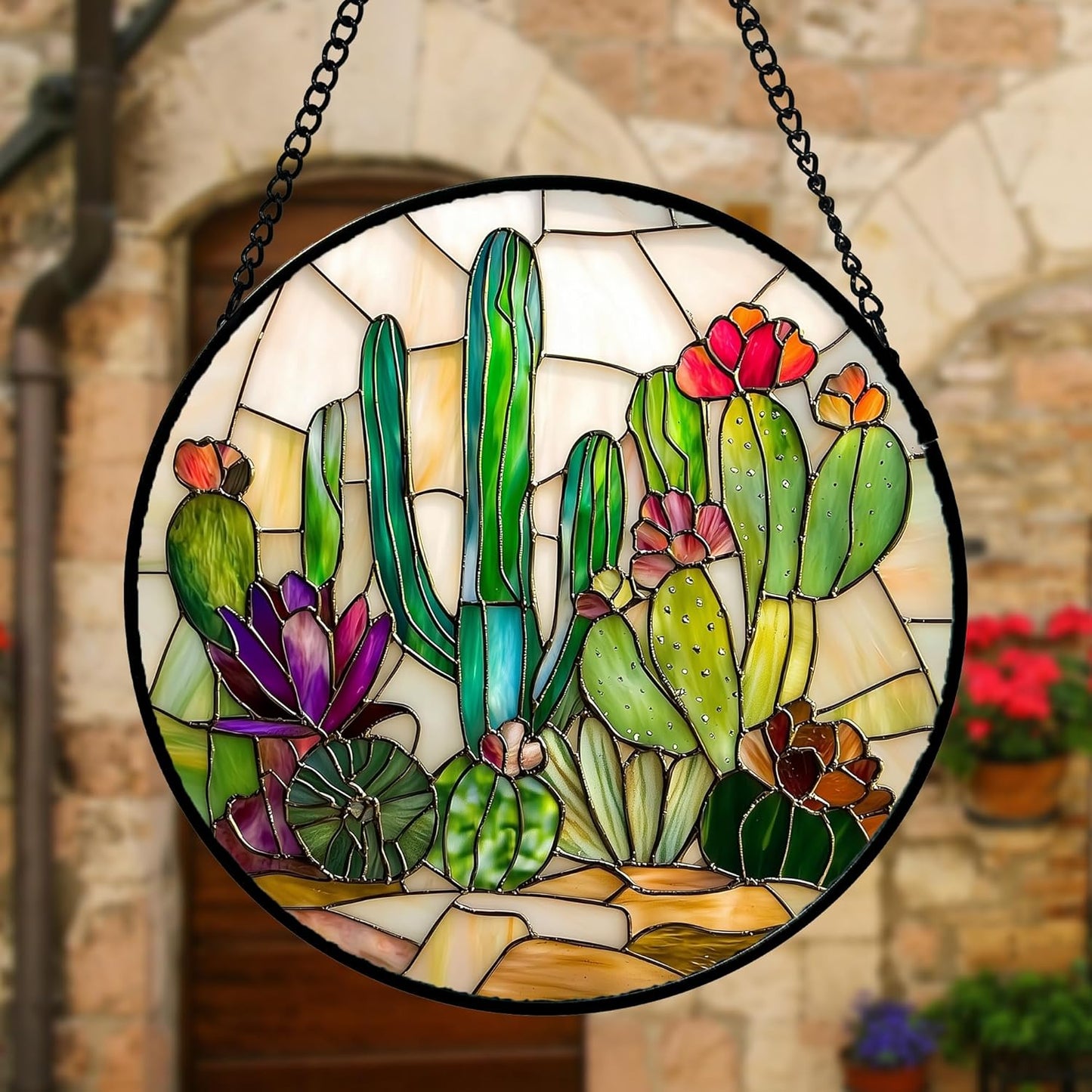 Stained Glass Window Hanging, White Green Cactus Suncatcher Diamond Glass Panel Hangings Sun Catchers Decor for Birthday for Women, Men, Wife, Aunt, and Mom 11.8x11.8 in