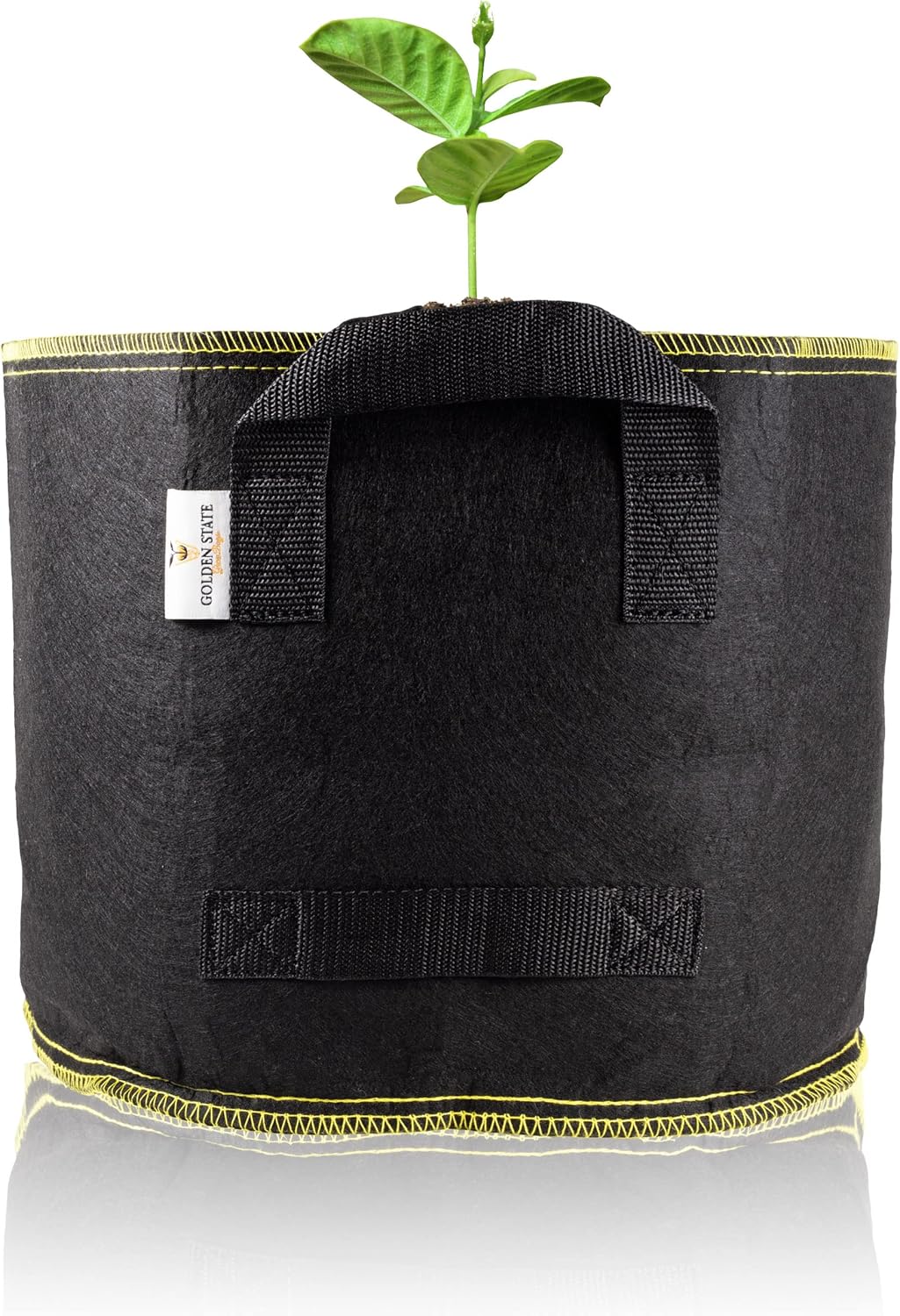 Grow Bags: 5-Pack (Size: 2 Gallon): 300gsm Black Felt Fabric w/Yellow Stitch, Biodegradable and eco-Friendly Material. (Handles + Dumping Handles-pat.Pend).