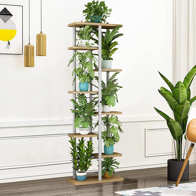LINZINAR Plant Stand 8 Tier 9 Potted Multiple Flower Pot Holder Shelf Indoor Outdoor Planter Rack Storage Organizer for Patio Garden Corner Balcony Living Room (8 Tier-9 Potted, White)