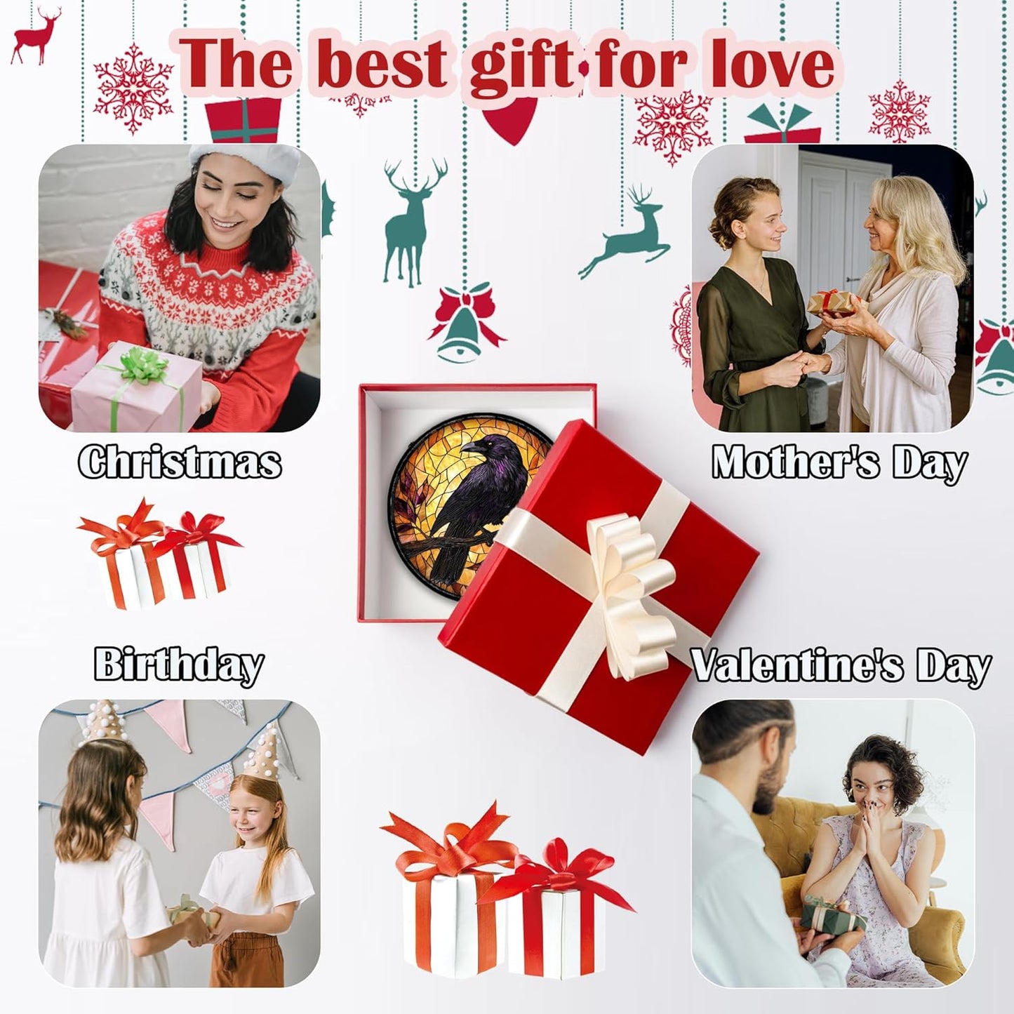 Stained Glass Window Hanging - Crow on a Branch Suncatcher Ready to Hang Window Doors Home Decoration and Christmas, Mother's Day Birthday Gifts for Women, Men, and Mom 9.8x9.8 in