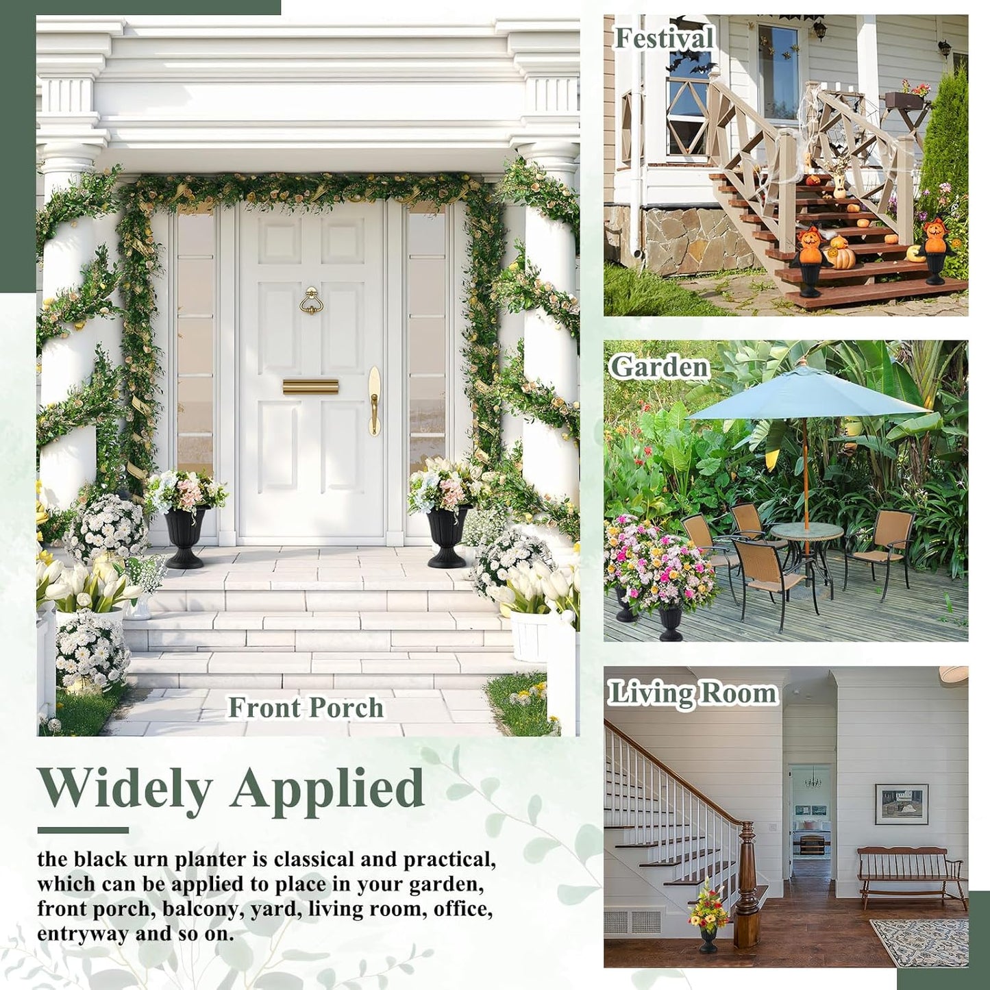 Zhehao 4 Pcs Plastic Urn Planter 10 x 11.5 Inch Black Classic Flower Pots Front Porch Planters Indoor Outdoor Planters with Pedestal for Wedding Party Bridal Shower Garden Patio Home Decor