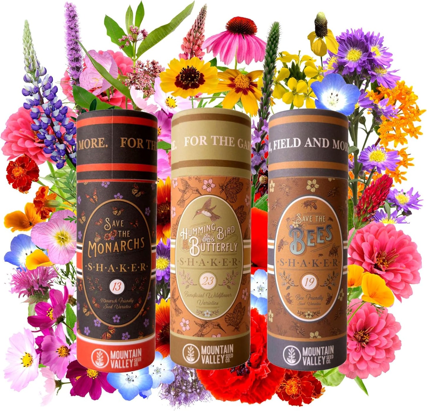 Pollinator Wildflower Seed Shaker Collection - ~300,000+ Wild Flower Seeds for Planting - Includes Hummingbird & Butterfly, Save The Monarchs, and Save The Bees Wildflower Mixes - Covers ~1,000 sq ft…