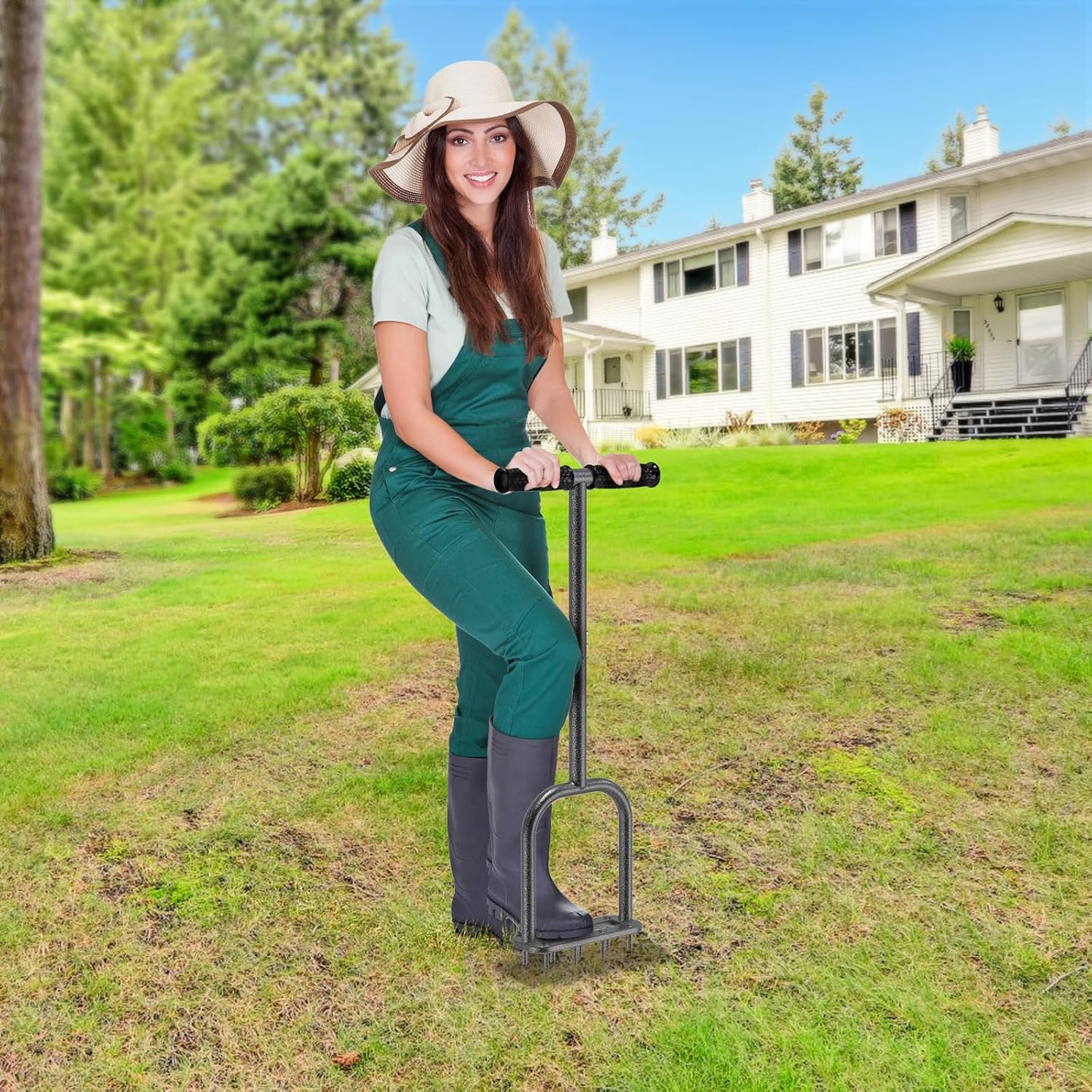 BeneLabel Manual Lawn Aerator Spike Tool with 8 Solid Spikes Handheld Grass Plug Aerators for Yard with Soft Rubber T-Handle Improving Lawn Health