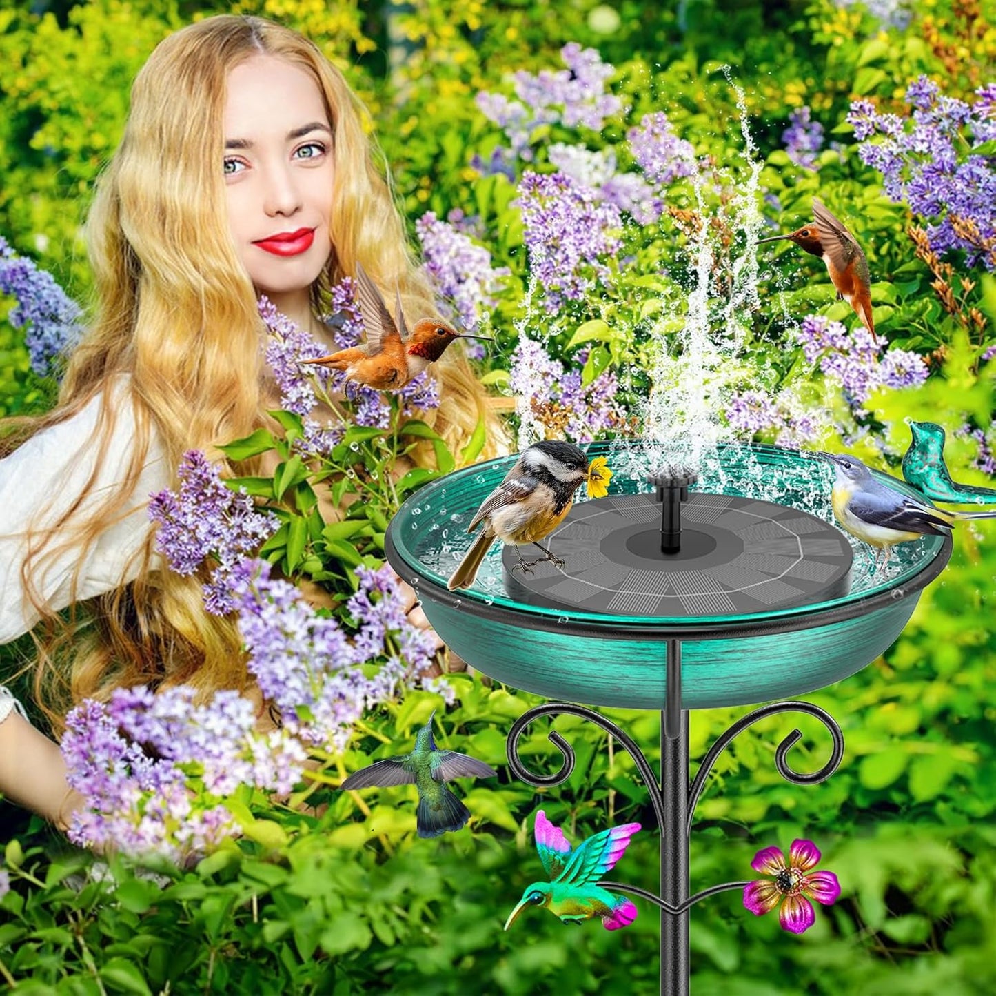 38.6in Bird Baths for Outdoors, Detachable Birdbaths for The Garden Clearance, Freestanding Bird Baths for Outdoors, Bird Bath Bowl Spa & Birdfeeder with Metal Stake Stand (Retro Green)