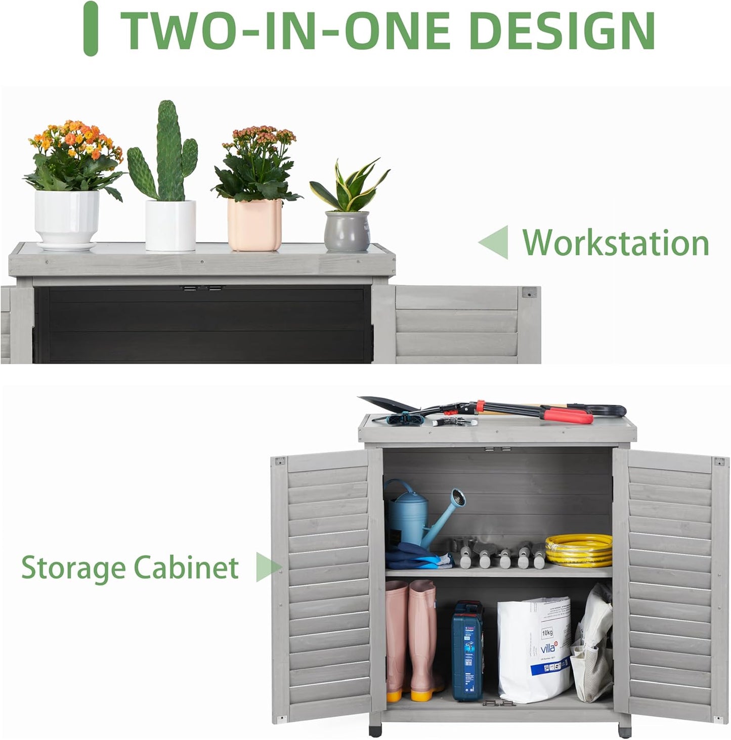 Potting Bench with Storage Cabinet and Metal Table Top for Outdoor Patio, Garden Furniture Wood Workstation