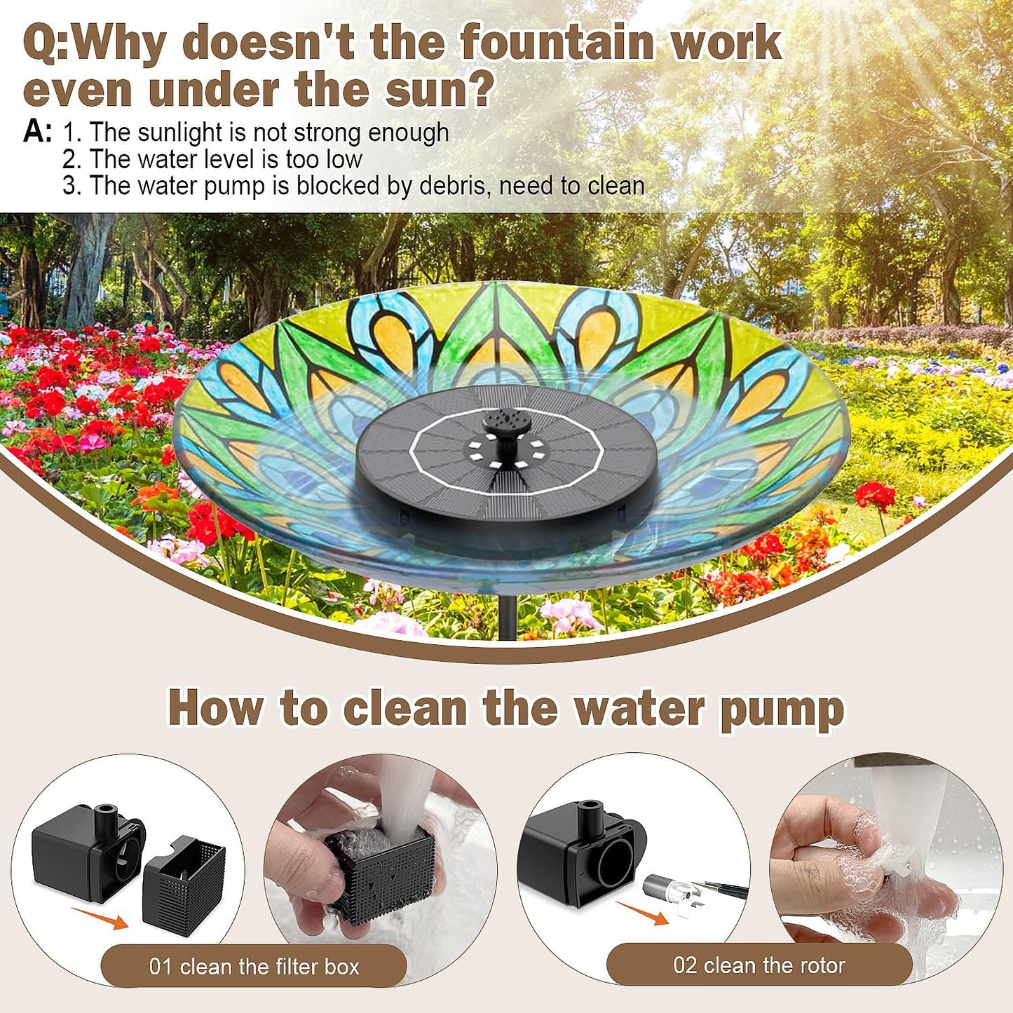 Solar Fountain with Colorful Lights,High Efficiency Solar Water Fountain with 2200mAh Battery 7 Nozzles and 4 Fixer,Solar Fountain for Bird Bath Garden Outdoor Décor