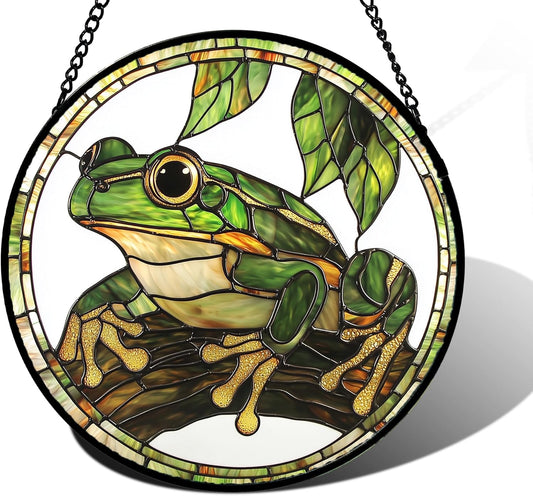 Stained Glass Window Hanging, Frog Green Leaf Sun Catchers Colorful Glass Panel Cool Suncatcher Decor for Birthday for Women, Men, Wife, Aunt, and Mom 9.8 in