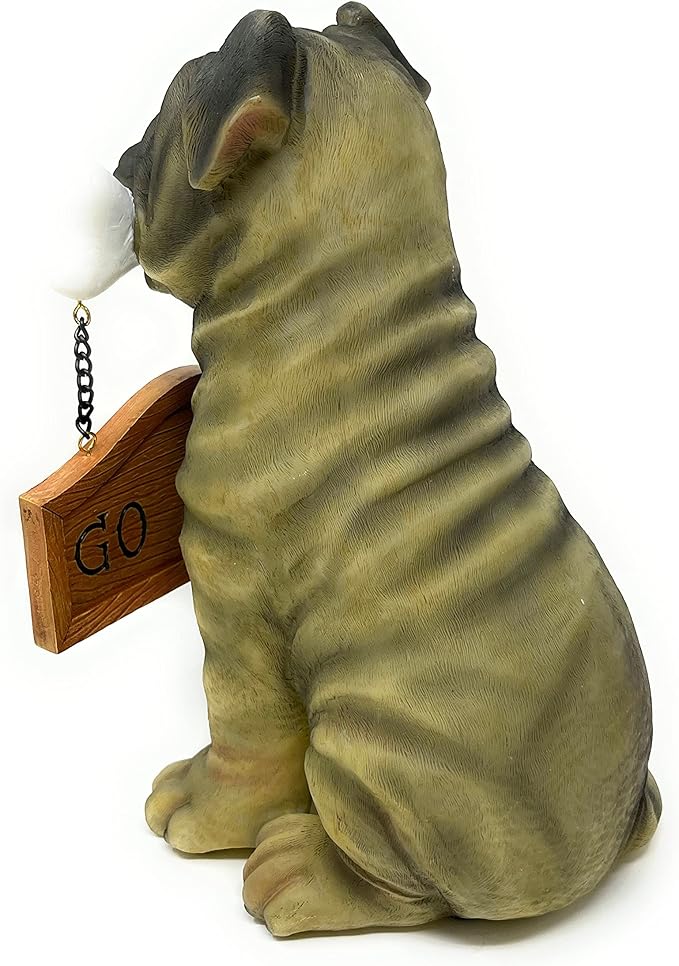 Nature's Mark Pug Dog Puppy Statue with Reversible Welcome Sign and Go Away Sign Resin Garden Decor 12" H