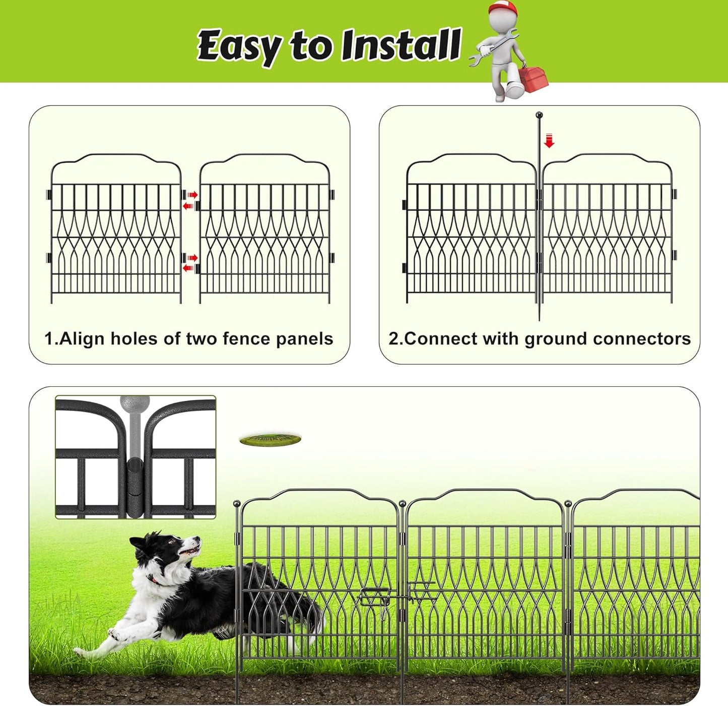 Bepatio 5 Panels Garden Fence with Latch, 27.6in (H) x 9.8ft (L) Dog Fence Outdoor for Yard, Arc Metal Fencing Panels, Animal Barrier Fencing for Outdoor, Patio, Flower Bed