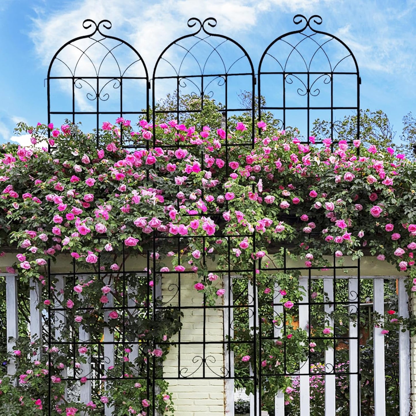 4 Pack Metal Garden Trellis for Climbing Plants, 86.7" Tall Rustproof Outdoor Trellis Panel with Vine Design, Decorative Black Iron Plant Support for Vine, Rose, Flower, Garden Wall