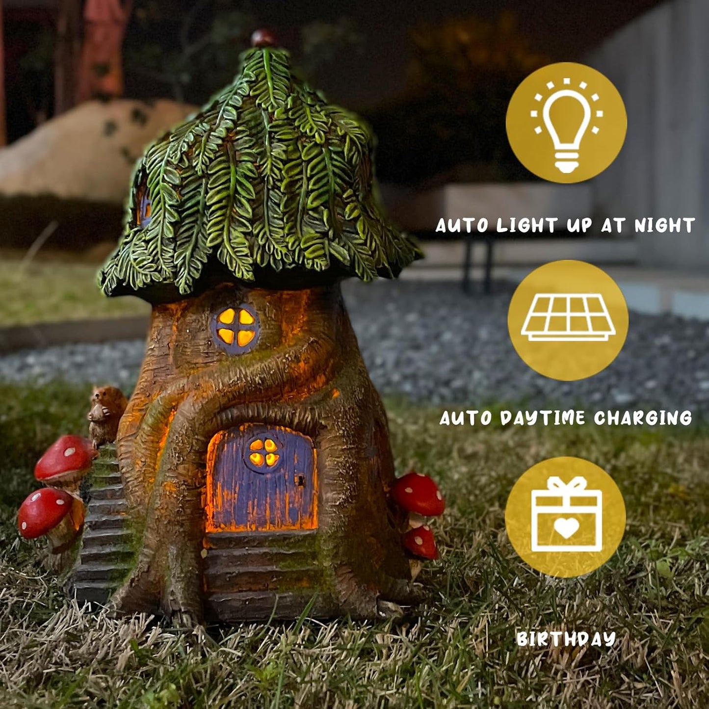 COWOS Solar Light Fairy Tree House, Fairy Garden House Statues,Tree House Figurines with Solar Light for Indoor Outdoor Art Decorations, Patio Yard Lawn Ornaments Gift