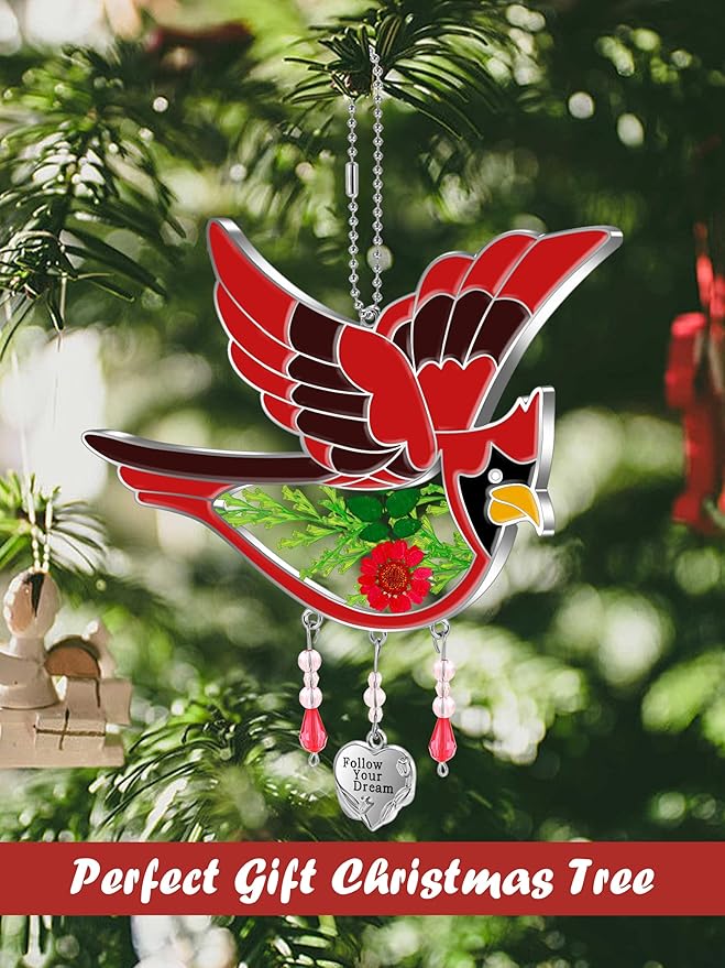 KY&BOSAM Follow Your Dream Cardinal Suncatcher Glass Panels Suncatchers Pressed Real Flower Wings in Glass Suncatchers Birthday Mother`s Day Ornament for Windows with Heart Charm