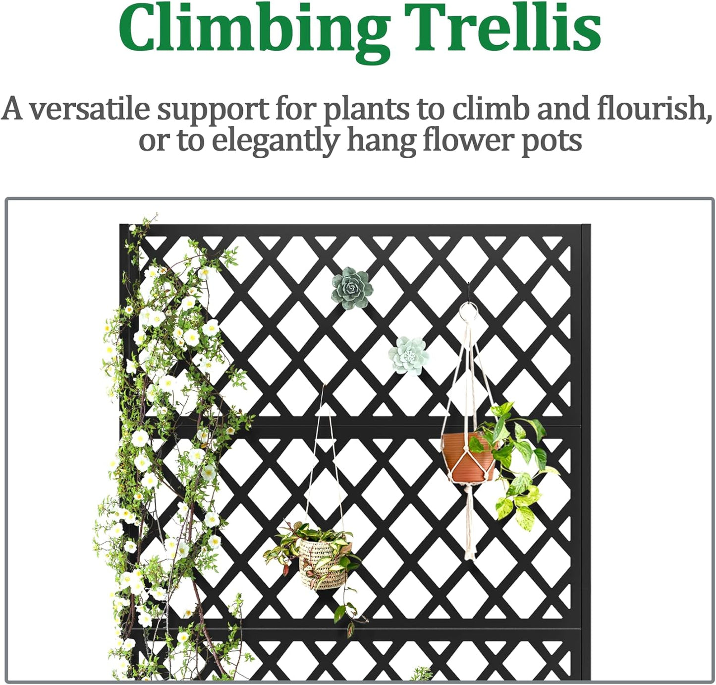 Metal Raised Garden Bed with Trellis and Wheels, 2 in 1 Trellis with Planter Box & Privacy Screen for Climbing Plants, Outdoor Standing Flower Beds with Drainage Holes, 47.2''L×15.7''W×70.9''H, Black