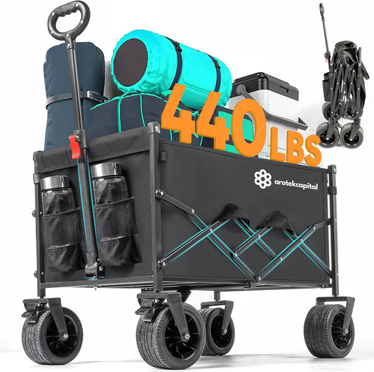 Collapsible Foldable Wagon Cart, 440lbs Heavy Duty Utility Wagon with All-Terrain Wheels, Folding Outdoor Cart with Brakes for Beach, Sports, Camping, Garden, Shopping – Black