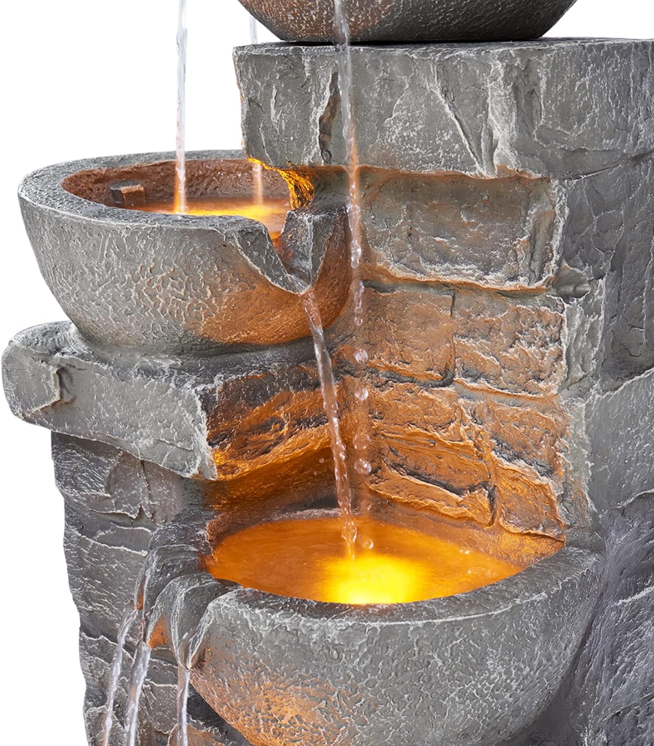 Teamson Home 33.25 in. Cascading Bowls and Stacked Stones LED Outdoor Water Fountain for Gardens, Landscaping, Patios, Balconies, and Lawns for a Calming Oasis in Outdoor Living Spaces, Stone Gray