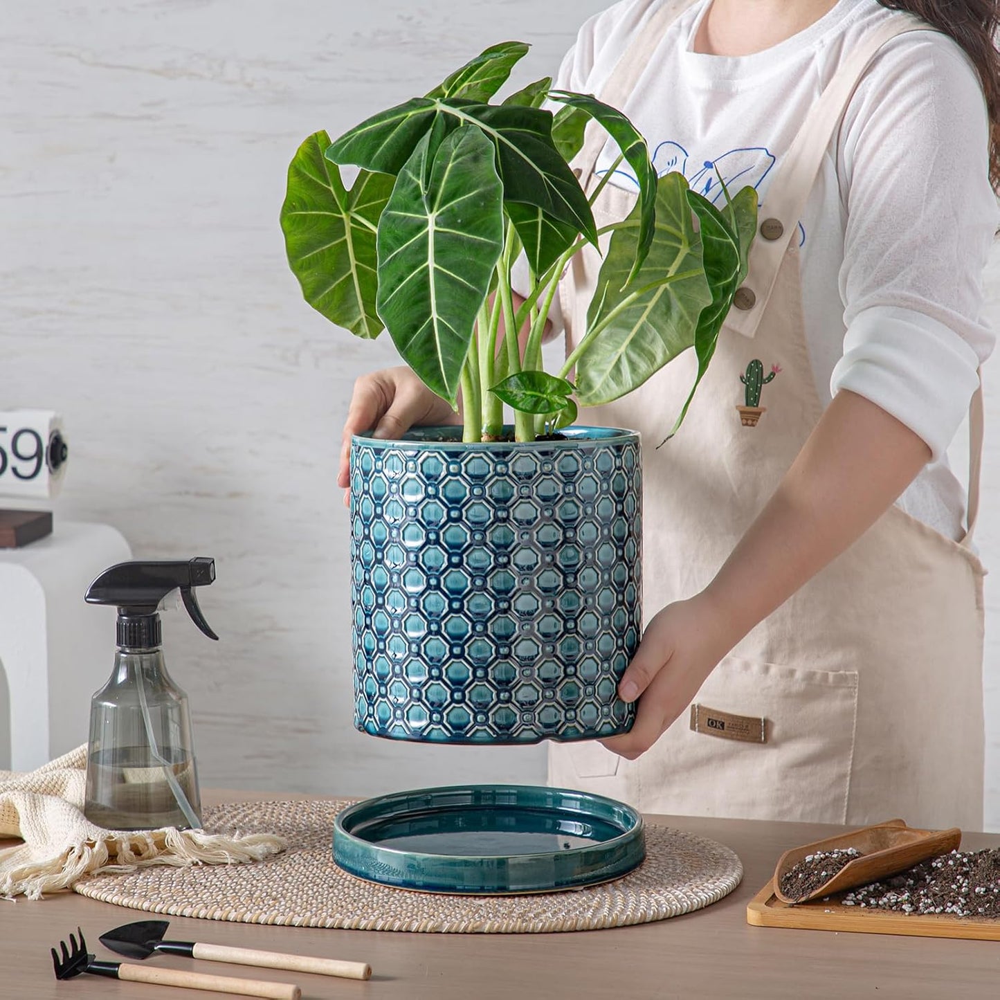 8 Inch Plant Pot: Ceramic Planter with Drainage Hole & Saucer Indoor Outdoor Plants - Cylinder Round Flower Pot for Home Office - Modern Decorative - Medium Blue