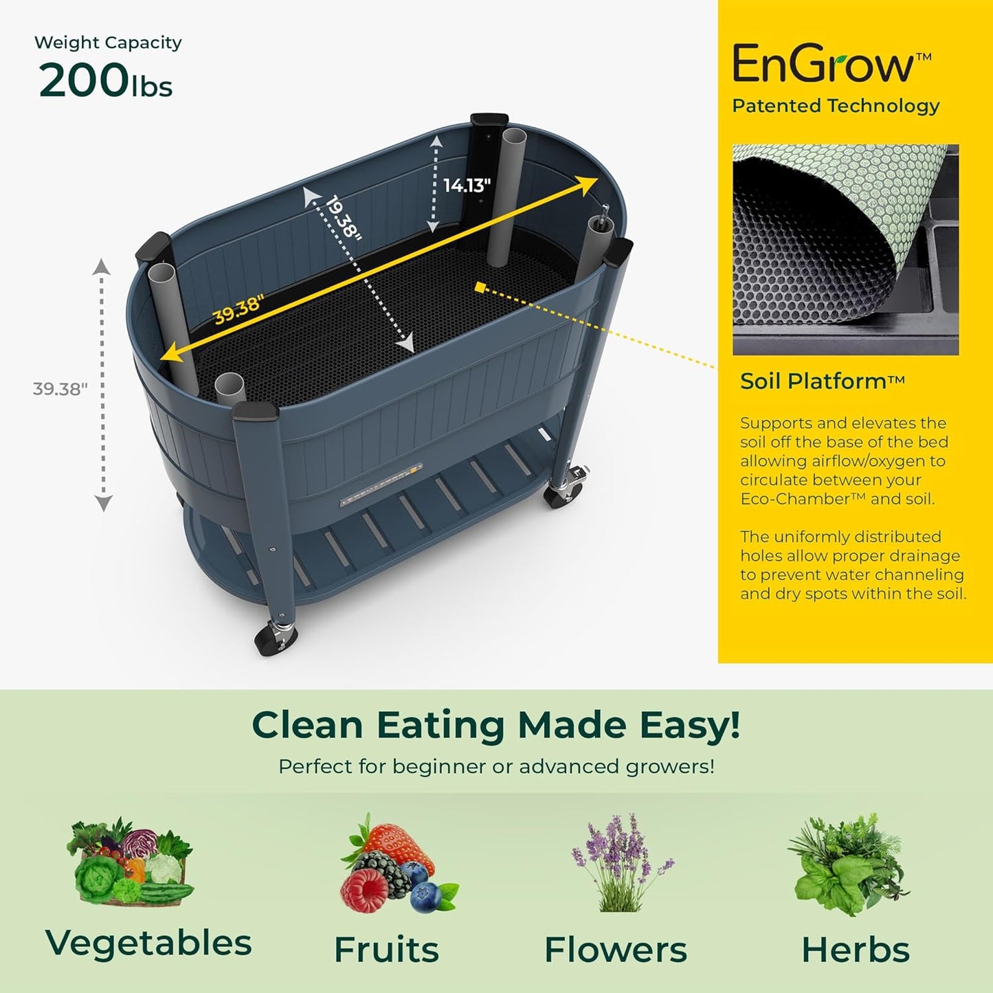 Permasteel Raised Garden Bed with Legs, 40×20×37 in, Planter Box with EnGrow™ TrueSoil™ Technology for Vegetables, Flowers, Herbs, and Fruit, Outdoor Indoor, Storage Shelf, Blue