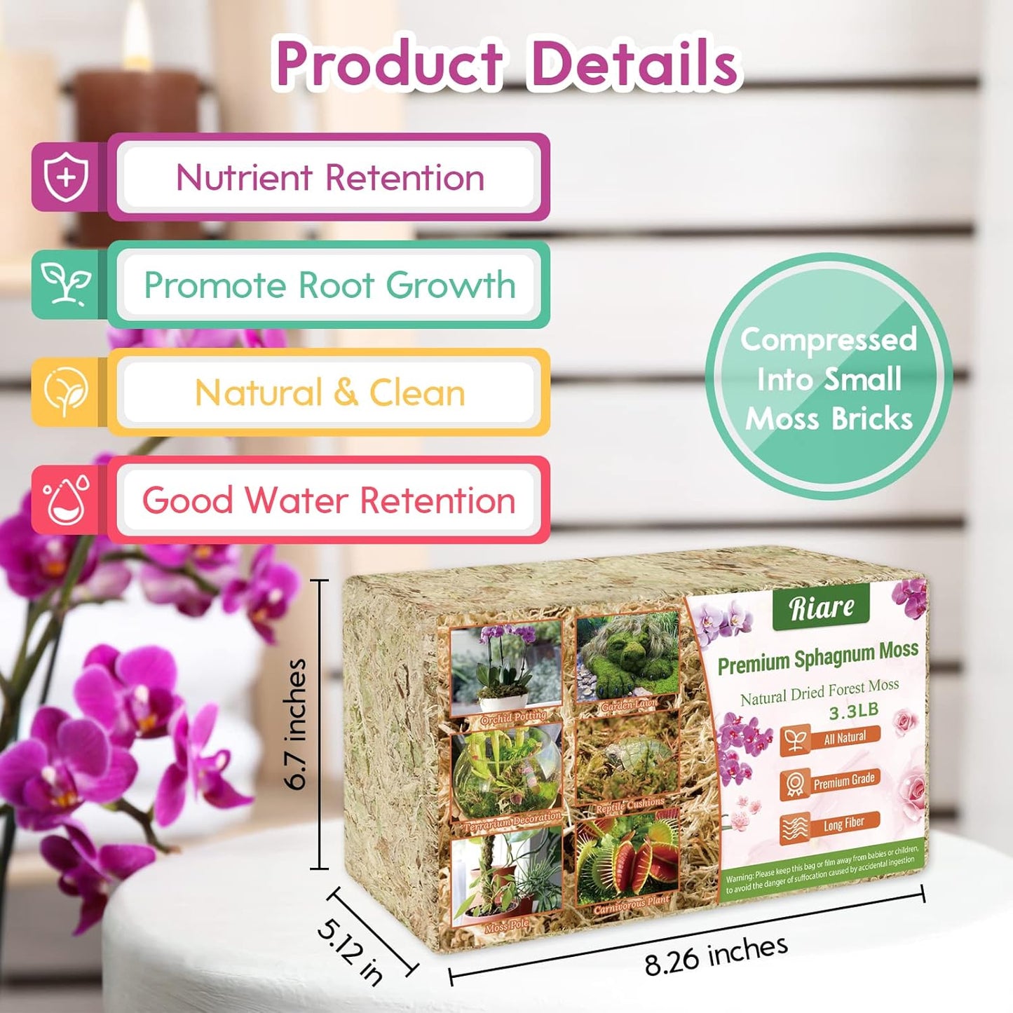 Riare 3.3 LB Premium Sphagnum Moss for Plants- 60QT Natural Long Fibered Sphagnum Peat Moss Plants Moss Dried, Carnivorous Plants Moss Orchid Potting Mix for Orchids, Carnivorous Plants, Succulent