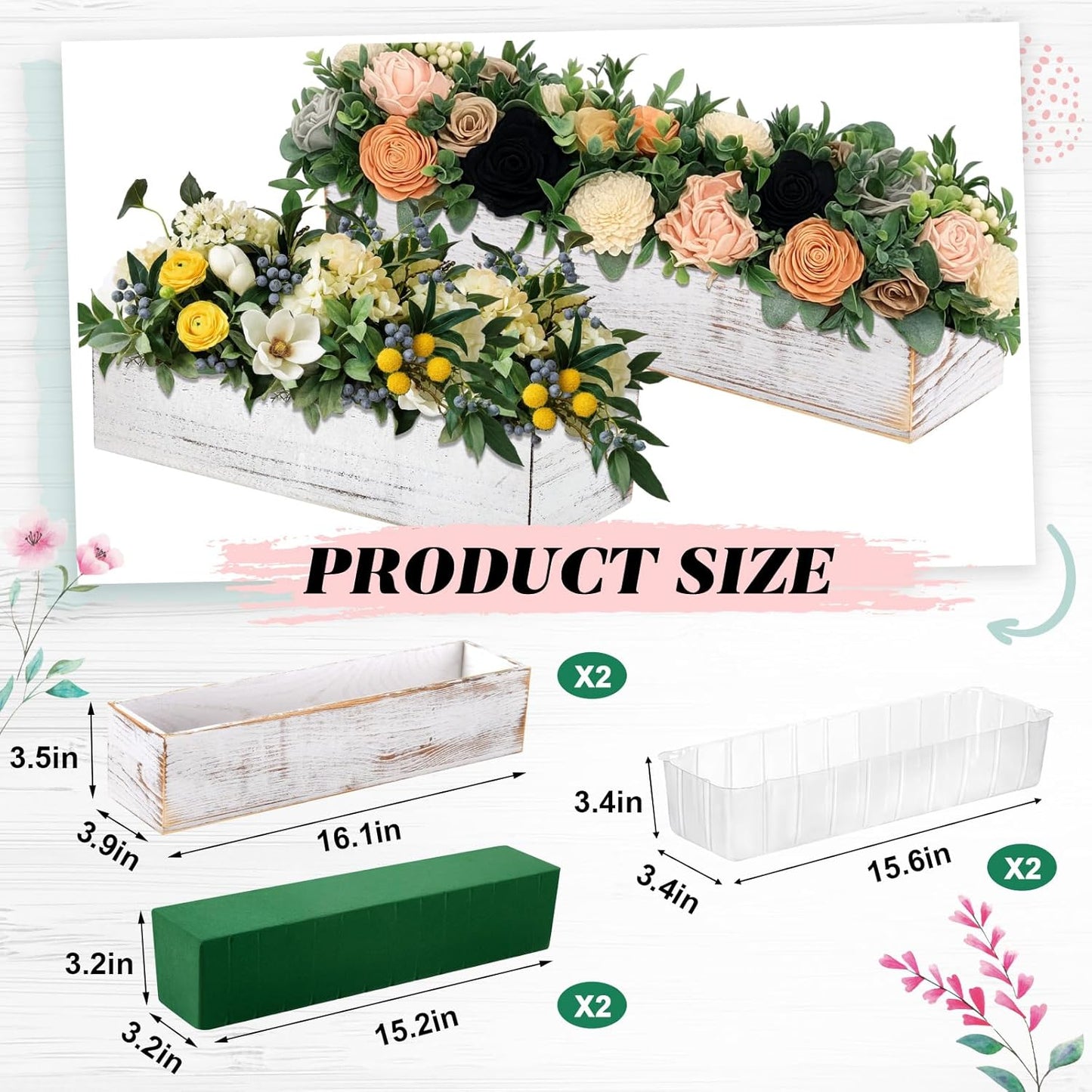 Dandat 2 Set Wood Boxes for Centerpieces 16x4 Inch Rectangle Wooden Planter Box Rustic Wooden Planters with Removable Plastic Liner Floral Foam Blocks for Home Wedding Garden Decor