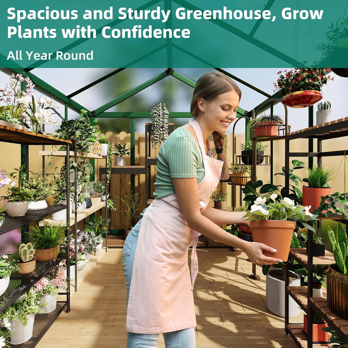 Garvee 6x8 ft Greenhouse - Aluminum Greenhouses for Outdoors, Large Polycarbonate Greenhouse with Roof Vent, Heavy Duty Walk-in Green Houses for Outside Garden, Backyard, Patio, Lawn, Easy Assembly