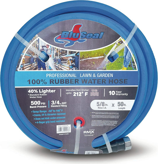 BluSeal Hot/Cold Water Rubber Garden Hose, 100% Rubber, Ultra-Light, Super Strong, 500 PSI, 50F to 190F Degrees, High Strength Polyester Braided (5/8" x 50')