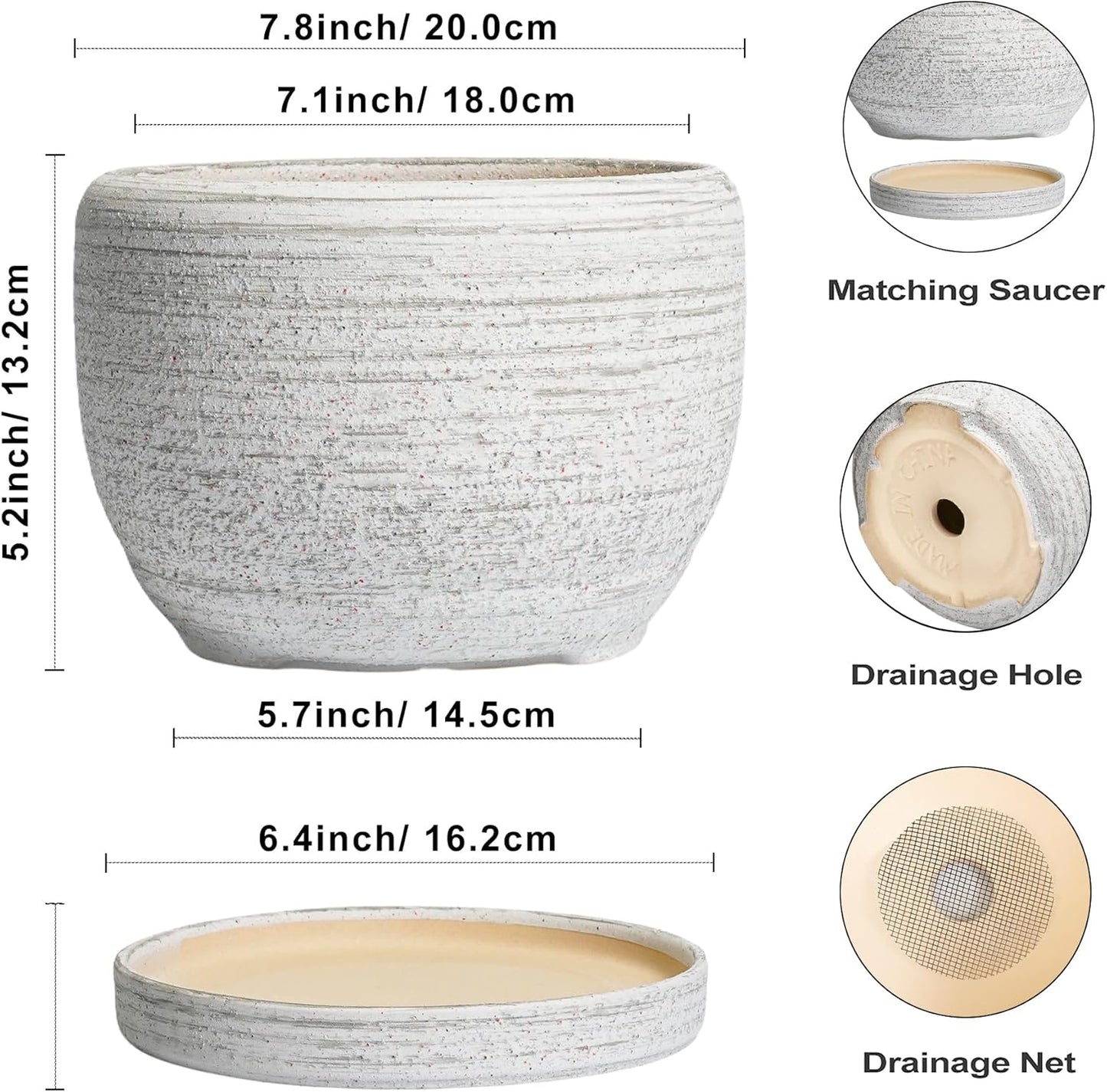 SQOWL Ceramic Plant Pots - 8 inch Planter for Indoor Plants, Round Flower Pot with Drainage Hole and Plant Saucer, Modern Decorative Ceramic Planter Outdoor, Home Room Decor, Garden Gifts, Gray