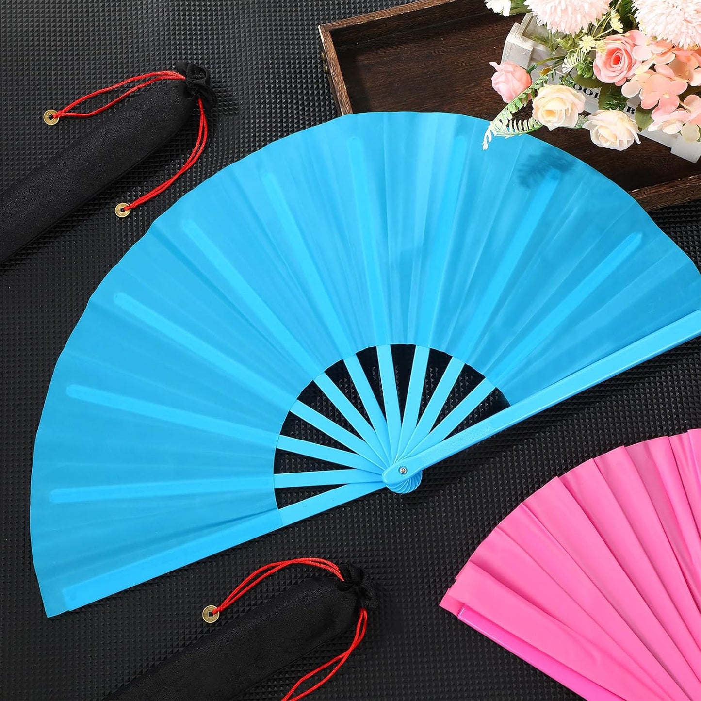 Maitys 2 Packs Large Clap Fans for Line Dancing Large Chinese Folding Hand Fans for Men and Women, Festival, Tai Ji, Kungfu, Martial Art, Gifts (Rose Red and Sky Blue)