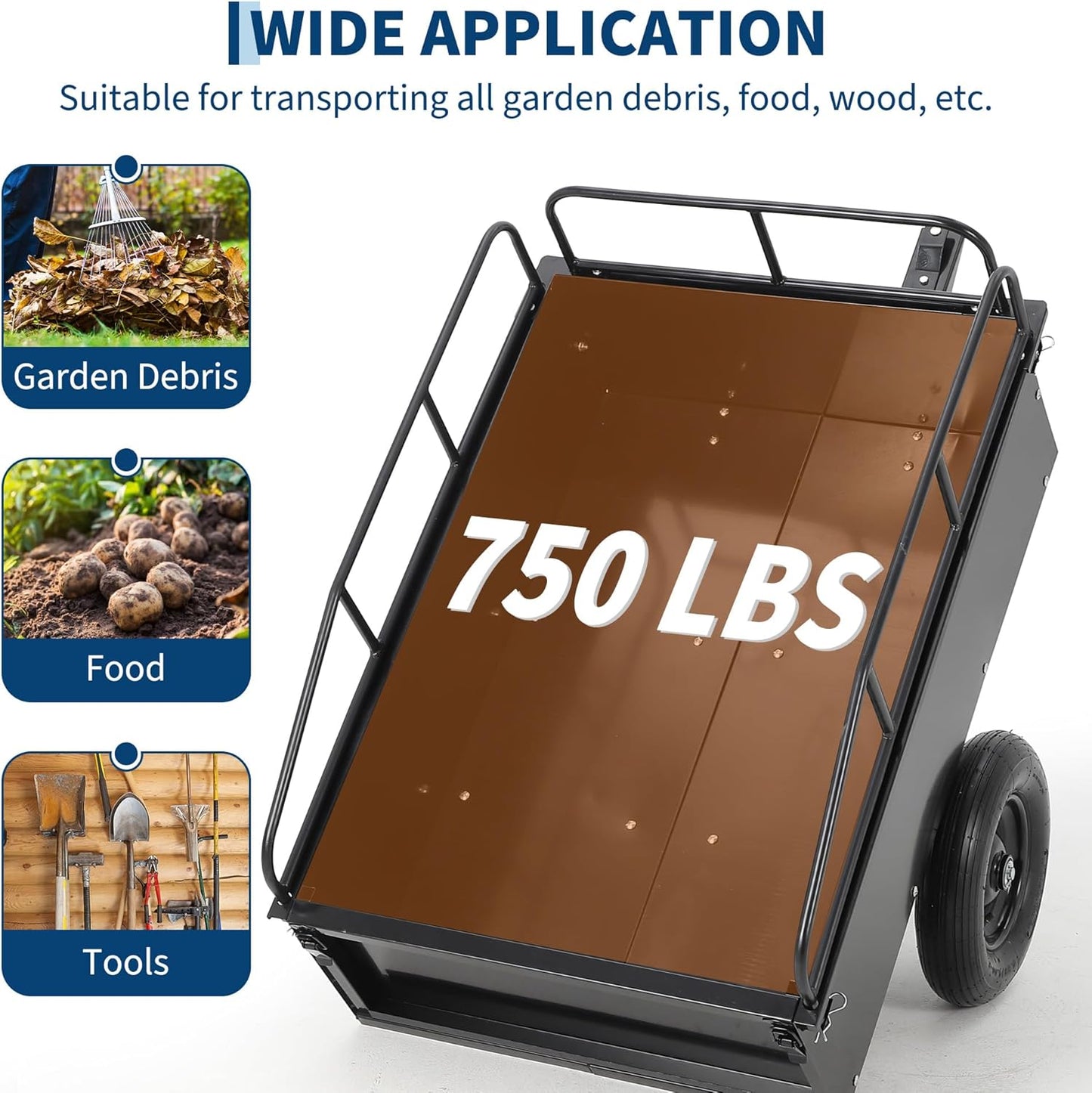 ATV Trailer Dump Cart Pull Behind, 750 LB Capacity, 15 Cu.Ft, Heavy Duty Steel Utility Trailer for Lawn Tractor with Raised Side Rails, Lawn Carts Tow Behind for Garden Yard, Black