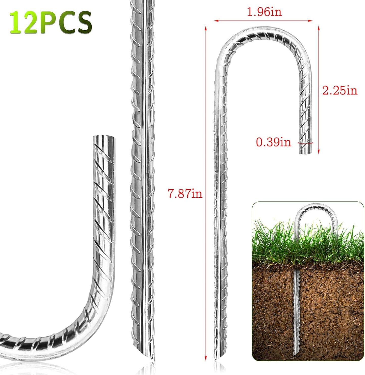 Pack 12 Galvanized Rebar Heavy Duty J Hook Ground Anchors, Tent Stakes, Steel Garden Stakes for Chain Link Fence