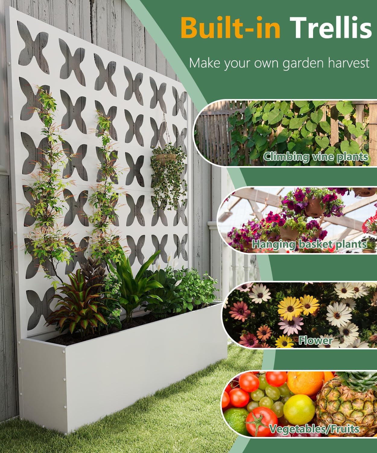 Metal Planter Box with Trellis,70.9"x47.2"x15.7" Raised Garden Bed with Drainage Holes, Privacy Planters for Outdoor Garden Bed for Climbing Plants,Vegetables,and Vines, White-X